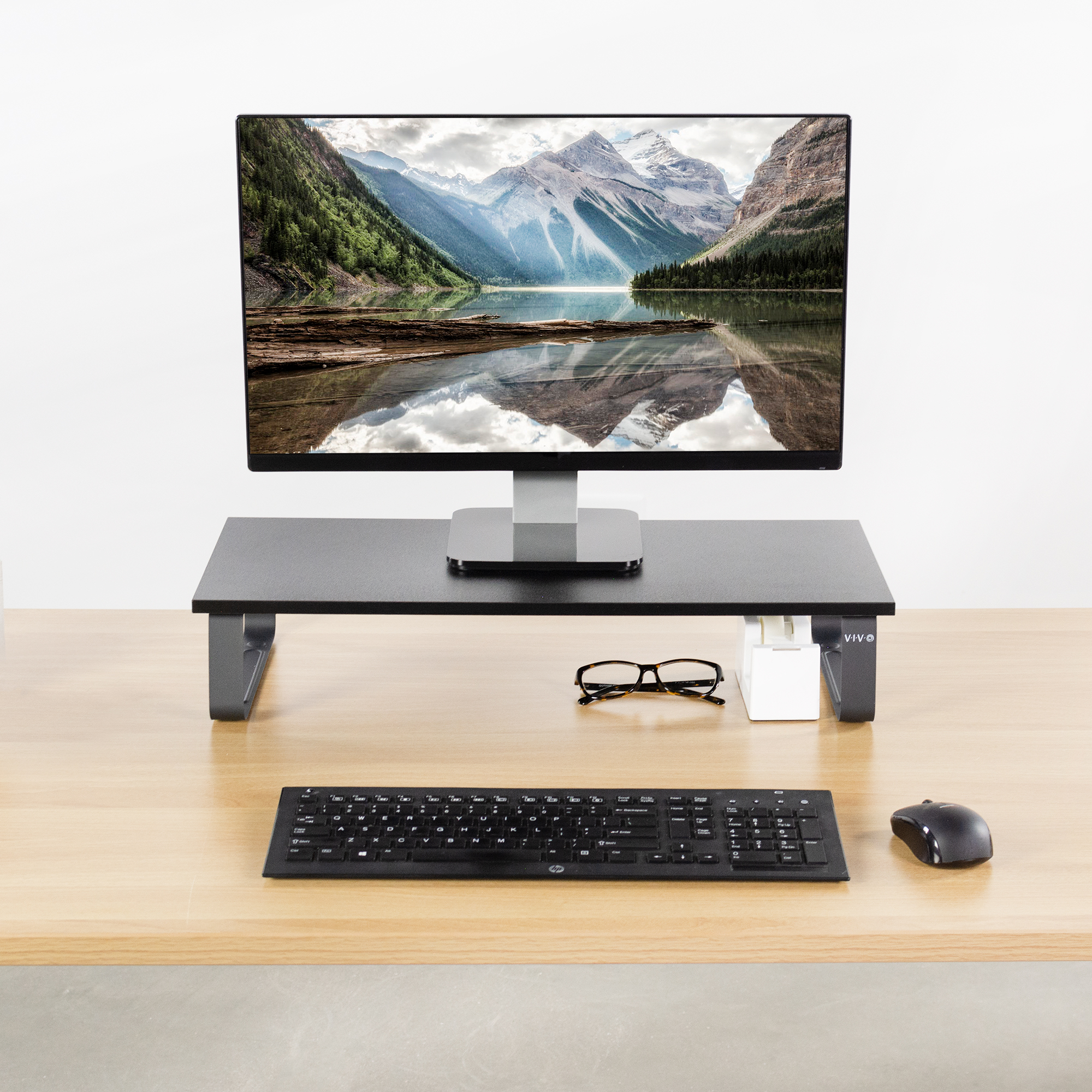 Vivo Black Wood 24 Wide Desktop Stand Ergonomic Tv Monitor Riser Desk