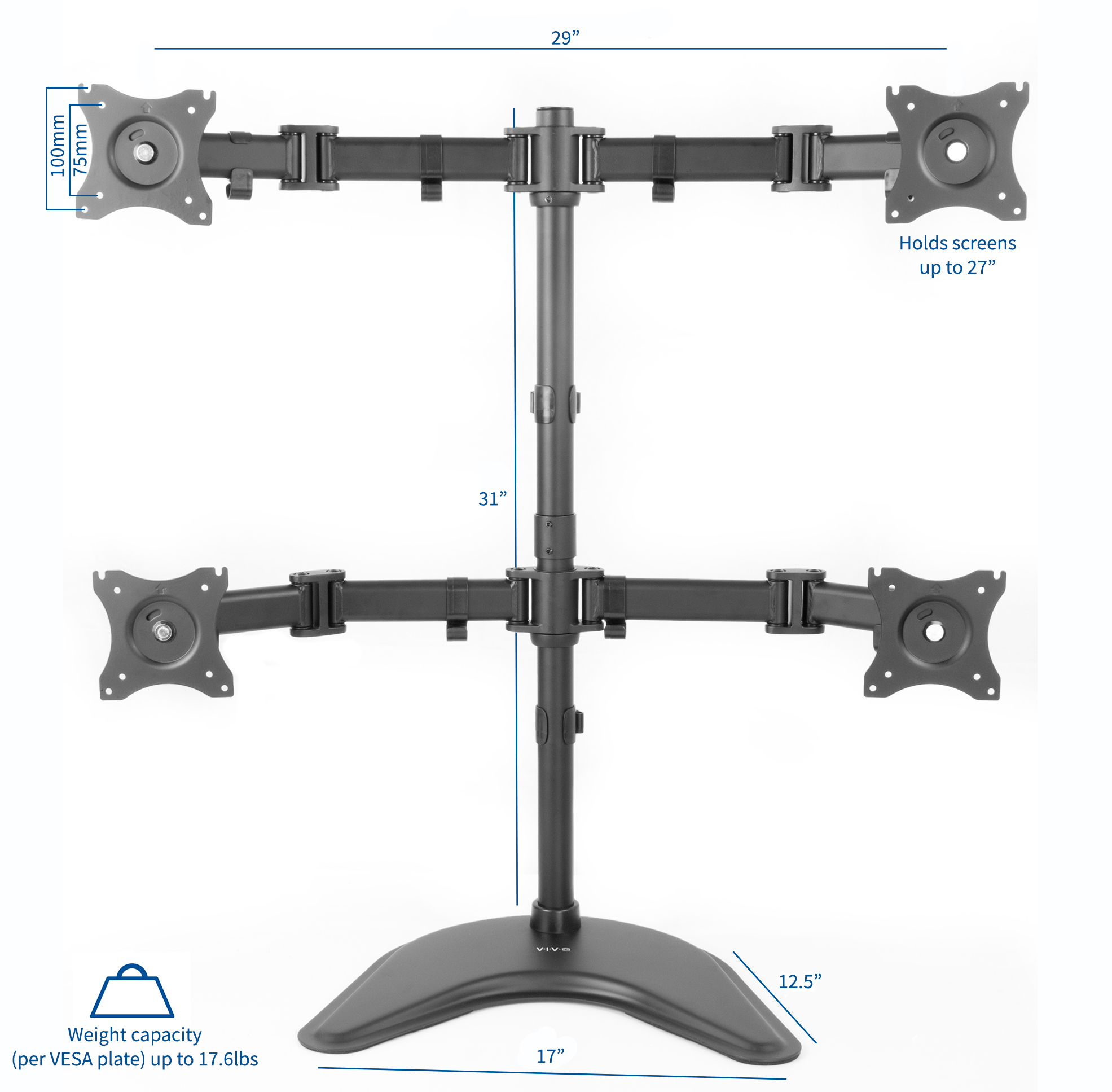 Vivo Quad Monitor Mount Adjustable Desk Stand For Holds 4 Lcd Screens 