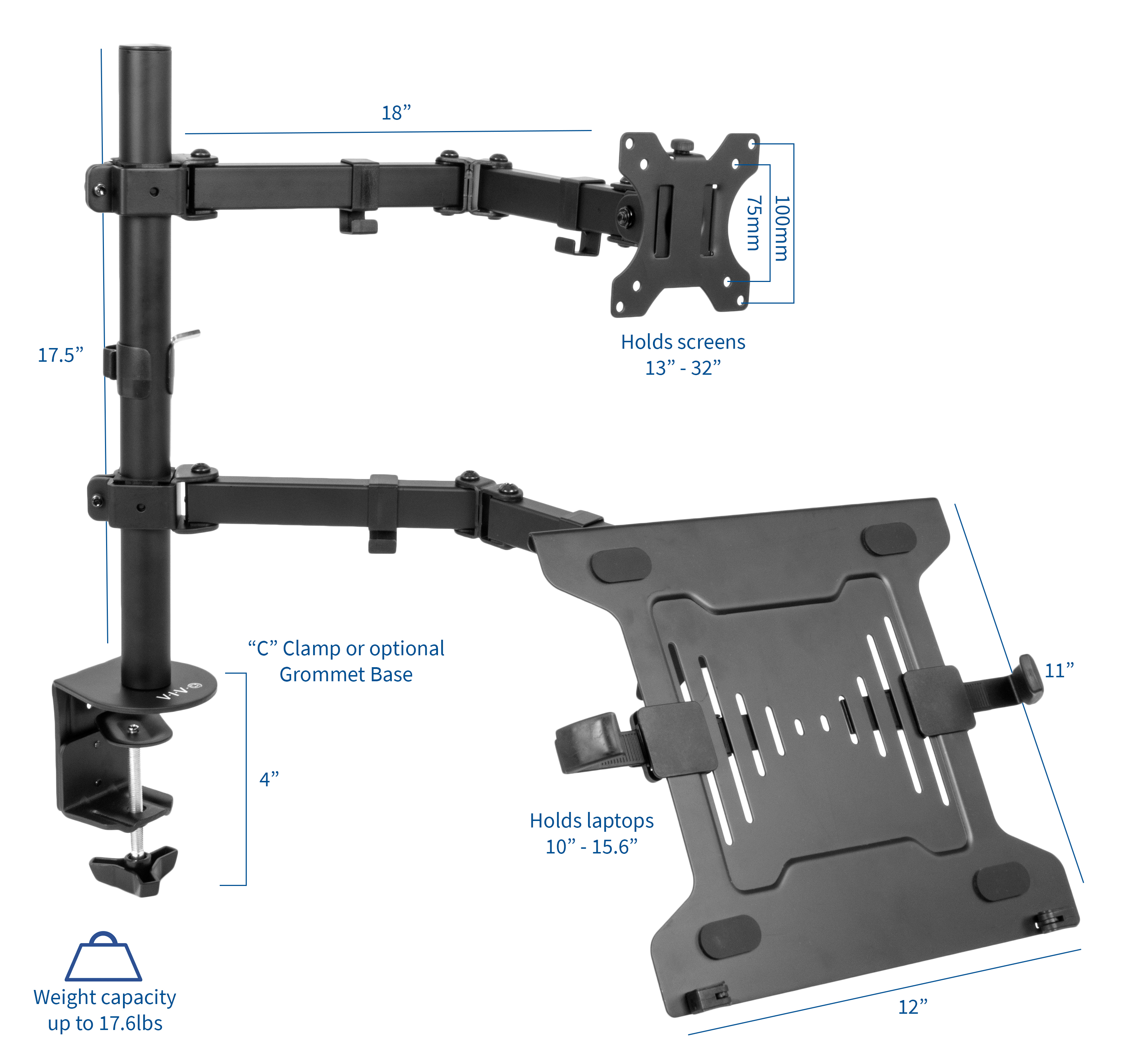 VIVO Full Motion Monitor + Laptop Desk Mount VESA Stand Fits 13